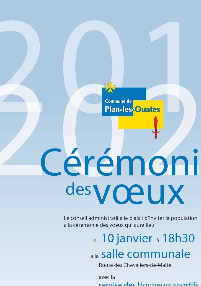 Voeux du Conseil administratif et remise des Honneurs sportifs et du Mérite communal.

La cérémonie des vœux du Conseil administratif aura lieu le 10 janvier 2020, à 18h30, à la salle communale.

La population de Plan-les-Ouates est invitée à cette soirée au cours de laquelle les Honneurs sportifs et le Mérite communal seront décernés.